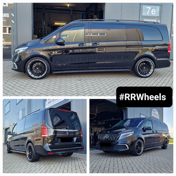 Wij hebben deze Mercedes V-Klasse V300D uitgerust met op maat gemaakte gesmede 20 inch 2-delige velgen van RR Wheels and Customs in 9J ET49 en 10J ET48 inclusief nieuwe Bridgestone Potenza Sport-bande
