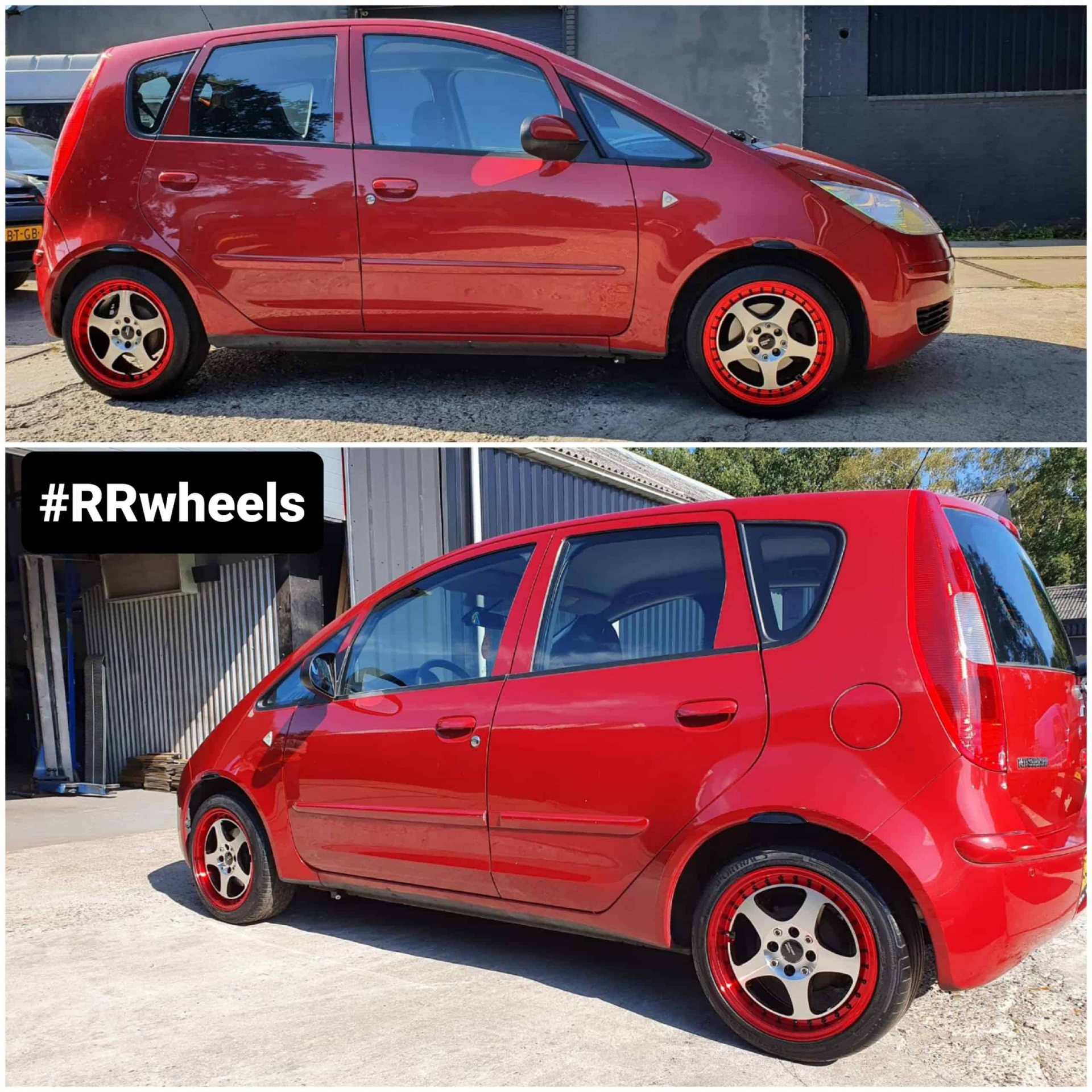 Mitsubishi Colt CZ5 met nieuwe 16 inch JF Luxury velgen met hoogglans rode cuprand in 7J ET37 rondom.