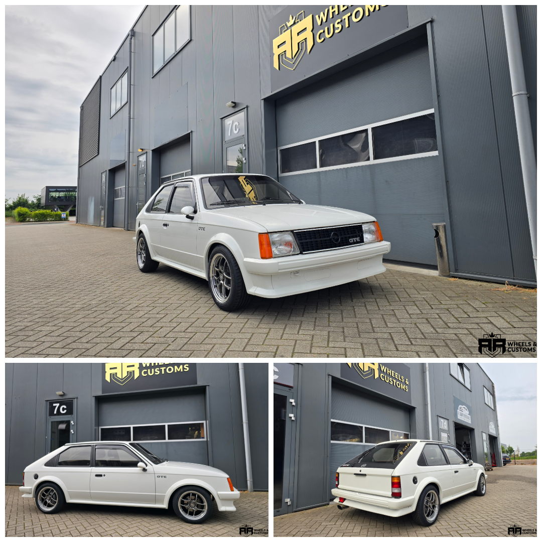 Opel Kadett D voorzien van JF Luxury - D193 - Hyper Black Machined Lipâ  15 inch ET 35 7J en 195 50 15 Vredestein banden