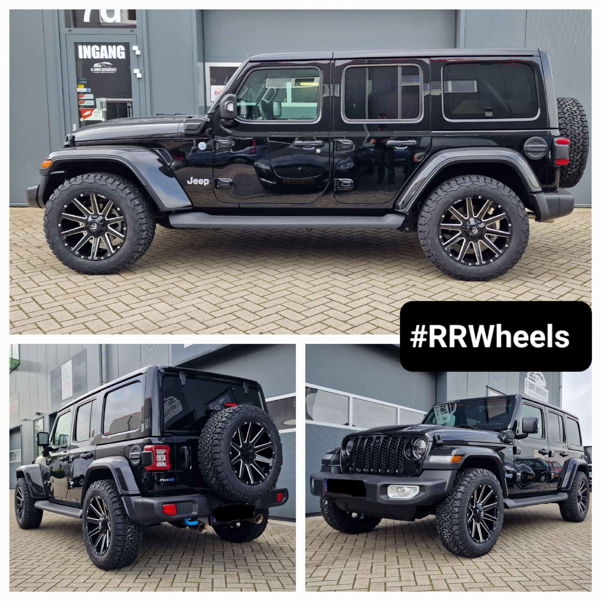 Jeep Wrangler 2023 uitgerust met 20 inch Fuel Offroad / FC615 Contra Gloss Black Milled face in 5x127 9J ET20 inclusief BF Goodrich All Terrian in 275 60 20 en hebben ook een Fox-uitlaatsysteem geinst