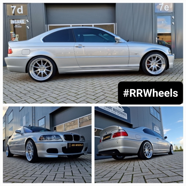BMW E46 CoupÃ© voorzien van een 18 en 19 inch breedset van Japan Racing Model JR41 in 18 inch 8.5J ET35 en 19 inch 9.5J ET22 inclusief 225 35 18 en 255 30 19! Geweldige deepdish velgen en perfecte fit