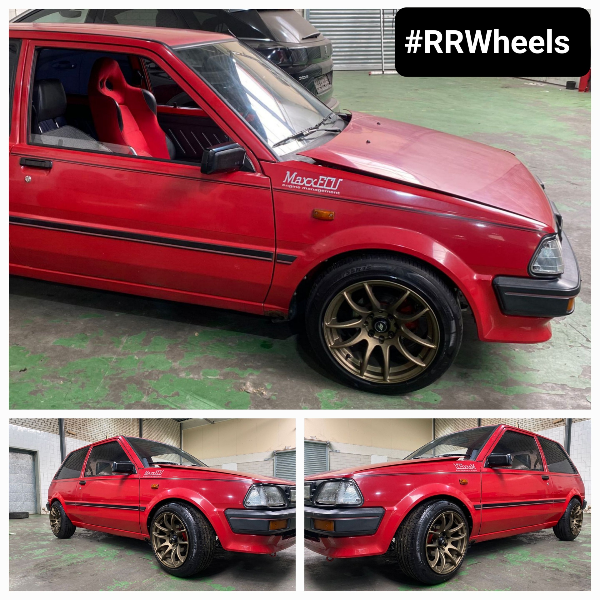 Een Toyota Starlet 3 P70 voorzien van 15 inch 4x114,3 8.25J ET25 JF Luxury Sand bronze concave velgen.