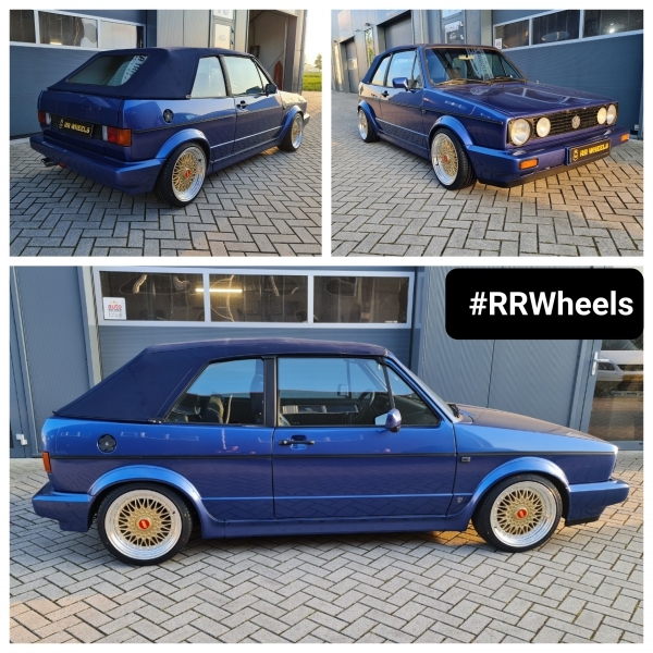 Volkswagen Golf 1 Cabrio met een 16 inch set van JF Luxury REW032 in 16 inch 7J ET30 Gold Polished inclusief nieuwe Nankang Banden in 195 40 16!