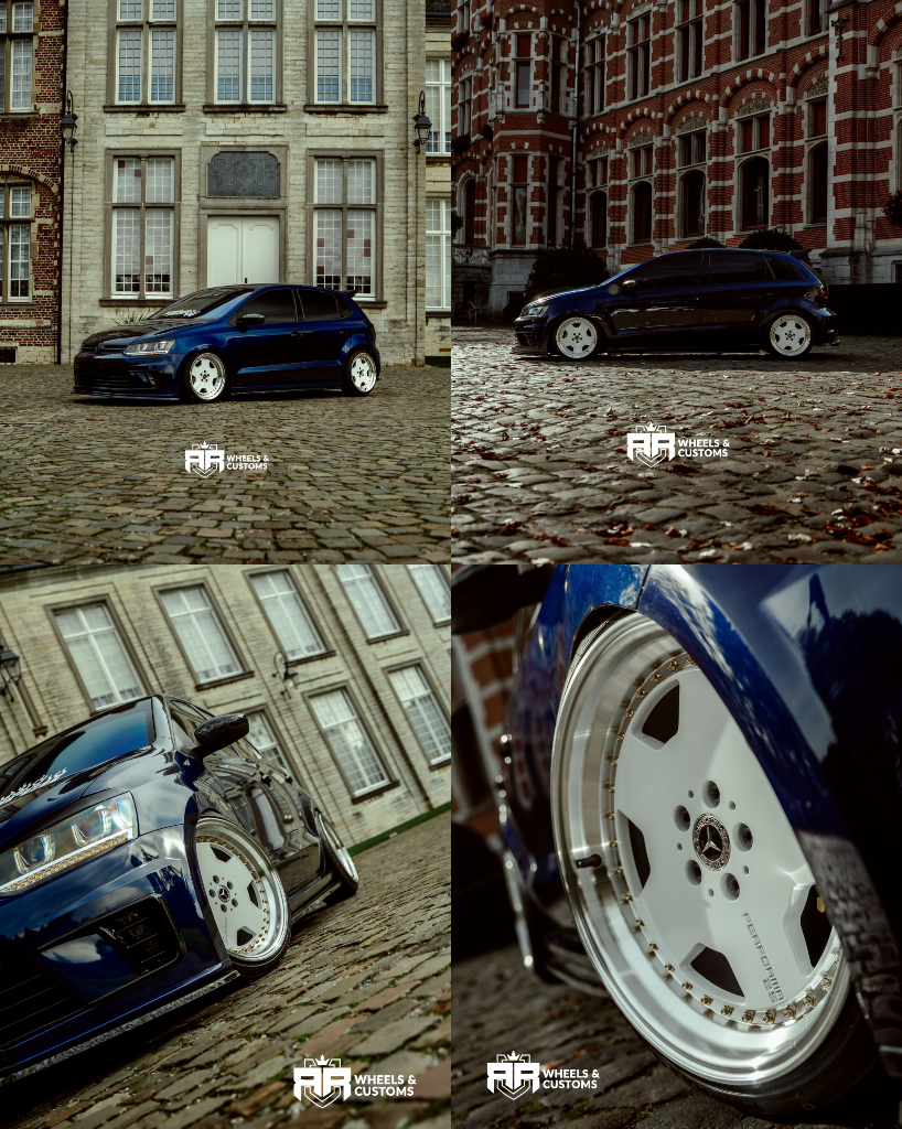 Deze super gave Volkswagen Polo voorzien van een hele mooie set velgen. 17 inch 5x100 YKW Wheels Y7858 - White Machined Lip with Gold Rivets Rondom 8,5J ET30