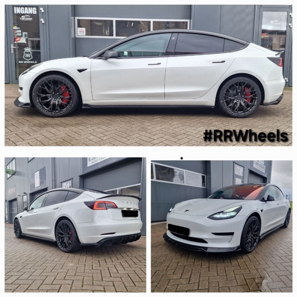 Tesla Model 3 met nieuwe Concaver CVR1 velgen in 20 inch 9J ET35 Carbon Graphite inclusief Bridgestone Potenza banden in 245 35 20! We hebben ook een volledige Maxton Design-kit gemonteerd aan deze un