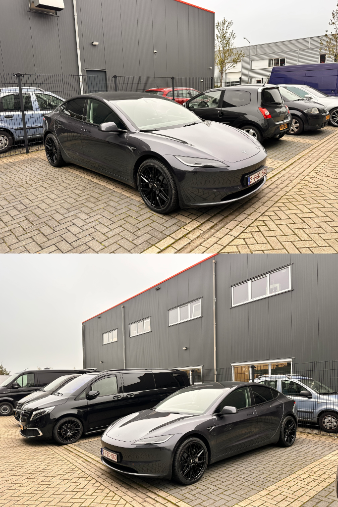 Wij hebben deze Tesla Model 3 highland voorzien van een nieuwe set velgen. JR28 19X8.5 ET 35 JR28 19X9.5 ET 40 Bij deze set hebben we De Bluetooth Sensoren gemonteerd.  We hebben de banden geleverd va