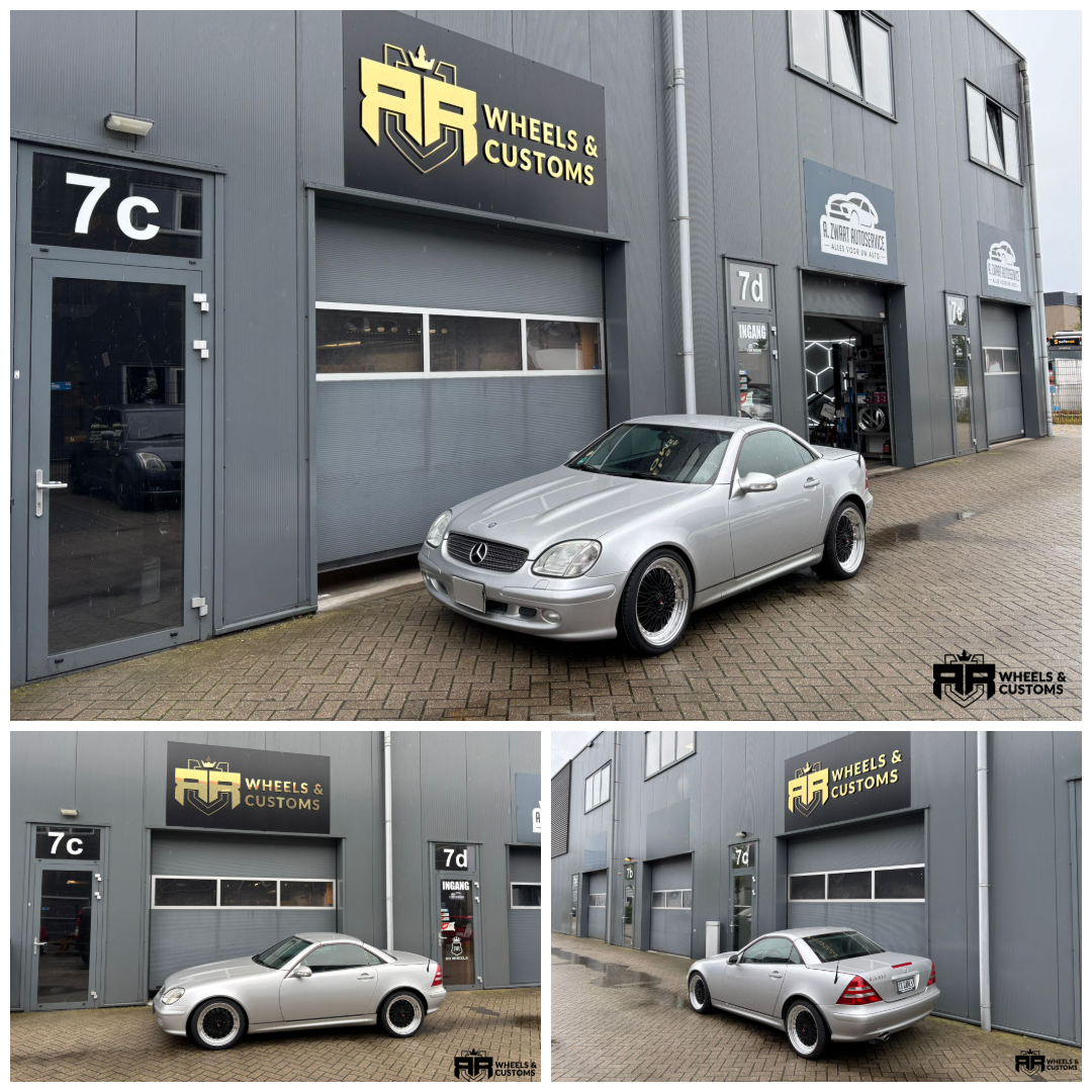 Mercedes SLK voorzien van 18 inch Japan Racing JR9 breedset 8J ET35 en 9J ET35 5x112 Gloss Black Machined lip