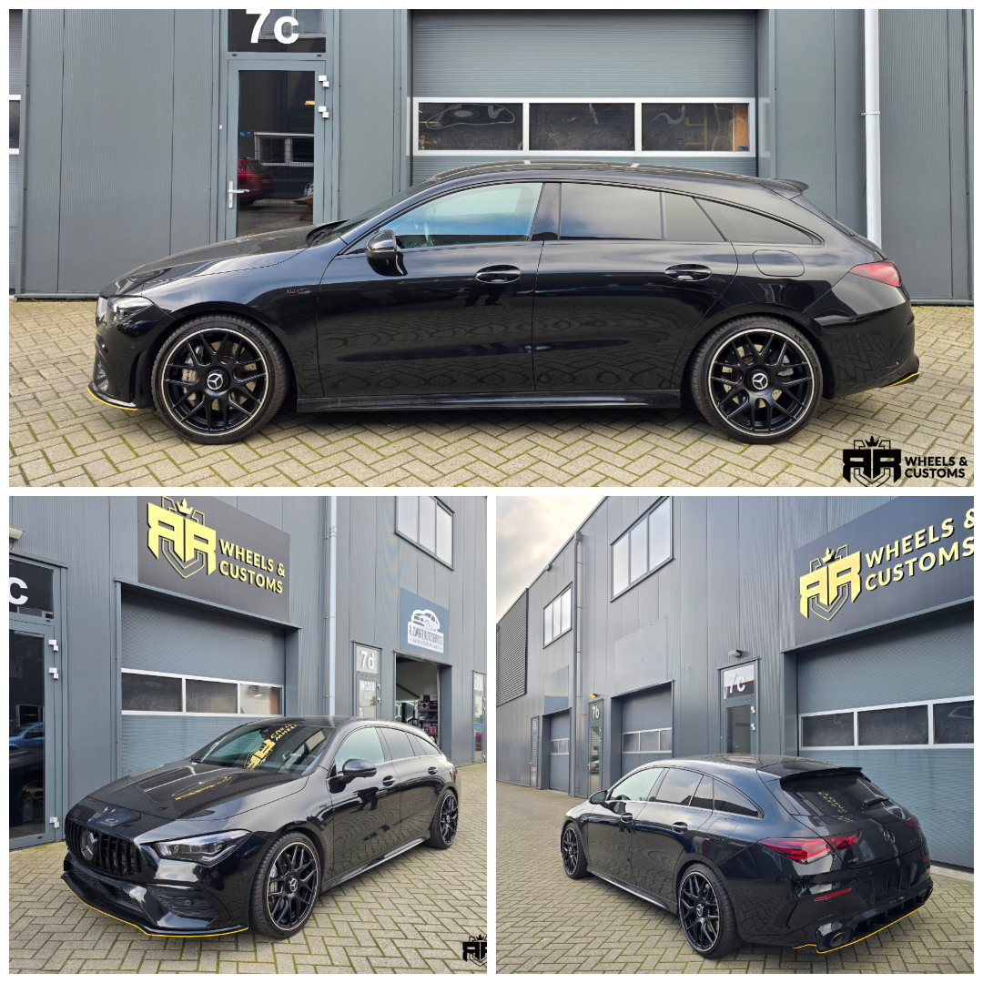 Mercedes CLA35 AMG Shootingbrake voorzien van nieuwe AMG-Design velgen in 19 inch x 8J ET43 en 9J ET49 5x112 Matt Black Polished lip. 245 35 19 rondom.