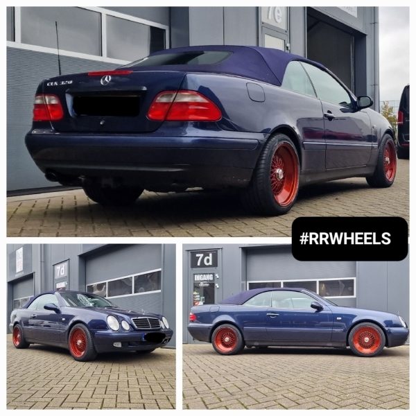 Deze Mercedes CLK voorzien van een paar unieke velgen! 17 inch 5x112 Motor Sport Bloody Red in 8J en 9J ET30 including Vredestein banden in 225 45 17 en 245 40 17!