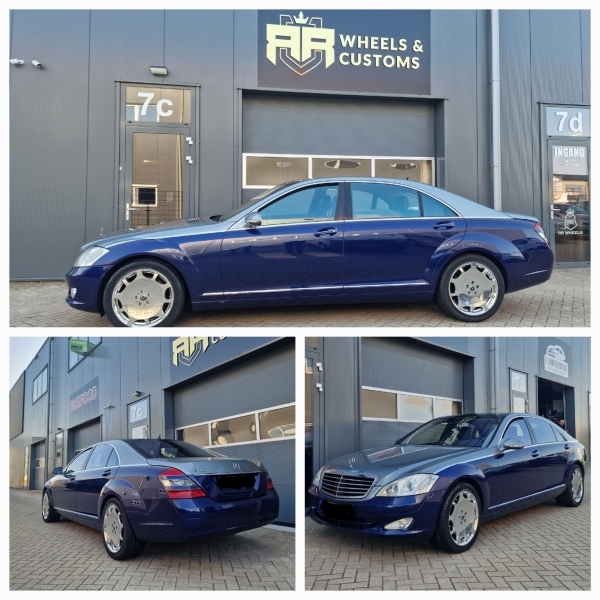 Mercedes-Benz S Klasse W221 Maybach voorzien van nieuwe velgen. Uiteraard de Maybach Look velgen volledig gepolijst in 19 inch 5x112 8.5J ET35 en 9.5J ET38 inclusief nieuwe Vredestein Ultrac banden in