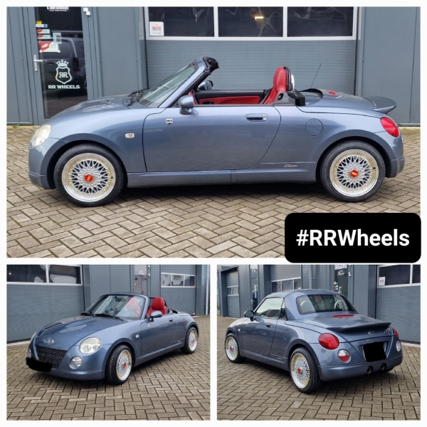 Deze vrij unieke wagen genaamd: Daihatsu Copen hebben wij voorzien van nieuwe 15 inch JF Luxury velgen REW032 in 15 inch 6.5J ET30 4x100 inclusief Nankang banden in 165 50 15! Geweldige velgen voor de