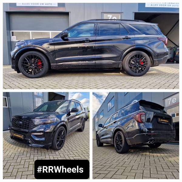 Deze geheel nieuwe Ford Explorer ST uit 2022 voorzien van 22 inch Niche Gamma velgen in 9J ET38 5x114.3 inclusief TPMS en 285 40 22 van Continental. Ook deze auto hebben we verlaagd met H&R verlagings