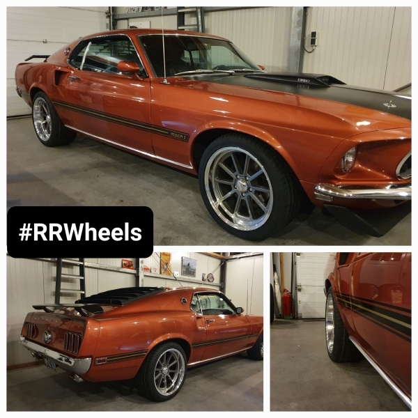 We hebben deze Ford Mustang Mag1 uit 1969 voorzien van American Racing VN510 Vintage Silver / Diamont Cut lip in 18 inch 8J ET0 en 10J ET12 5x114.3 inclusief Goodyear Eagle F1 in 235 40 18 en 275 35 1